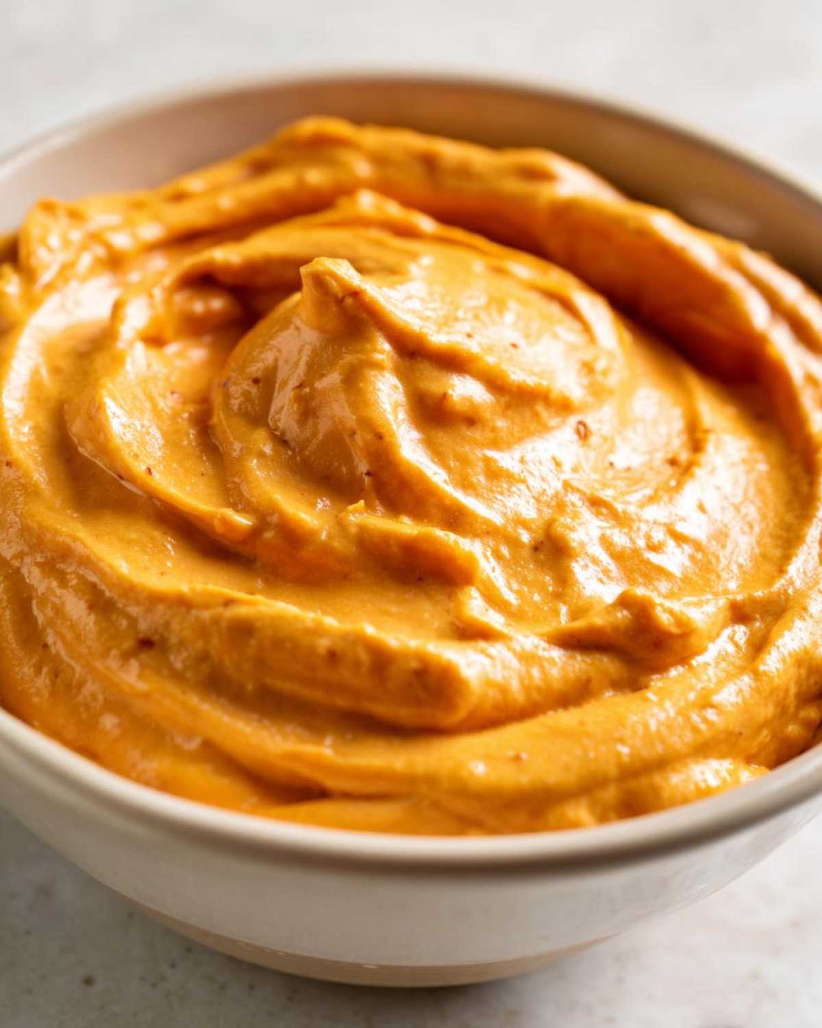 Close-up of luscious pumpkin cream cheese in a bowl, showcasing its smooth texture and vibrant orange color.