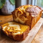 A loaf of pumpkin cream cheese bread with a slice cut, showing the cream cheese swirl.