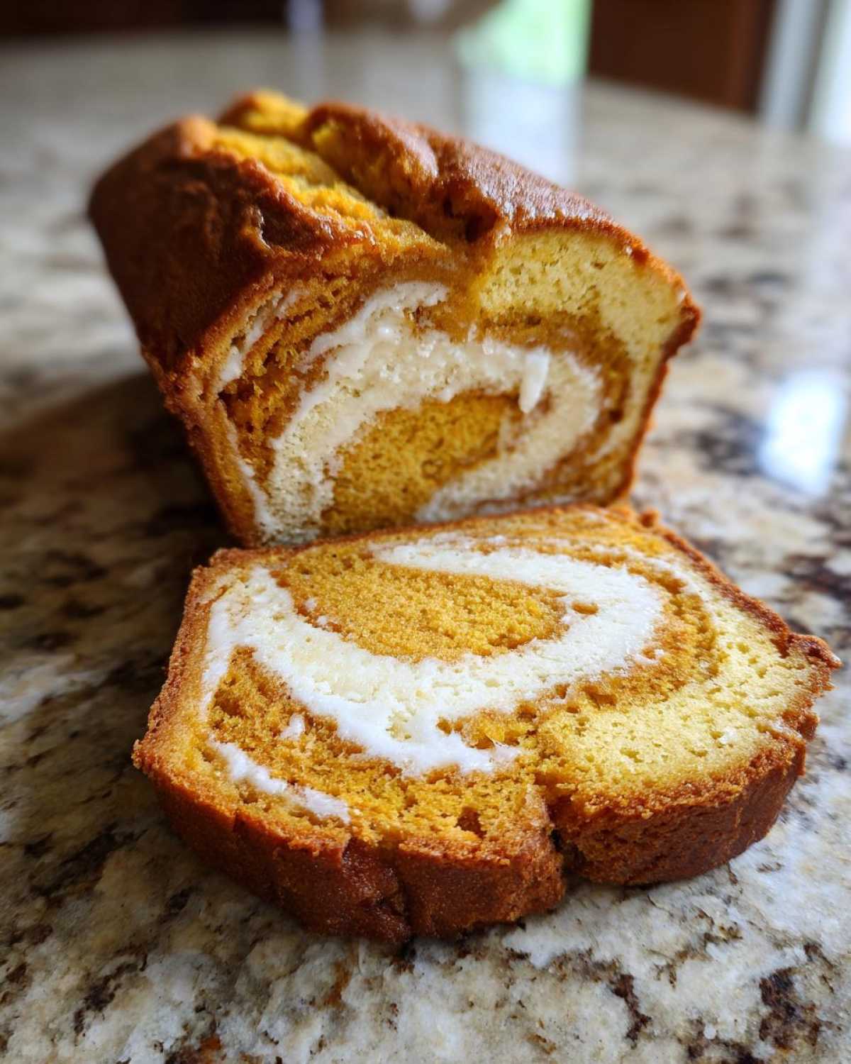 A loaf of pumpkin cream cheese bread, sliced to show the cream cheese swirl. Delicious pumpkin cream cheese bread.