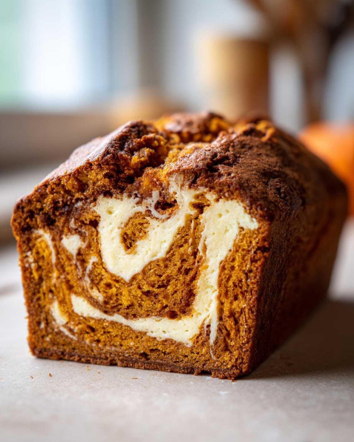 A loaf of pumpkin cream cheese bread showing the swirl of cream cheese in the pumpkin bread.