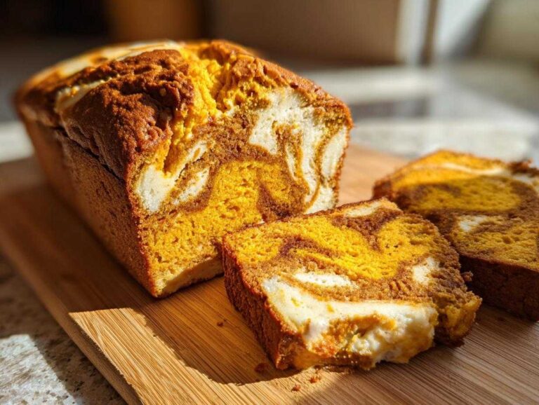 A loaf of pumpkin cream cheese bread with a marbled effect, sliced on a wooden board.