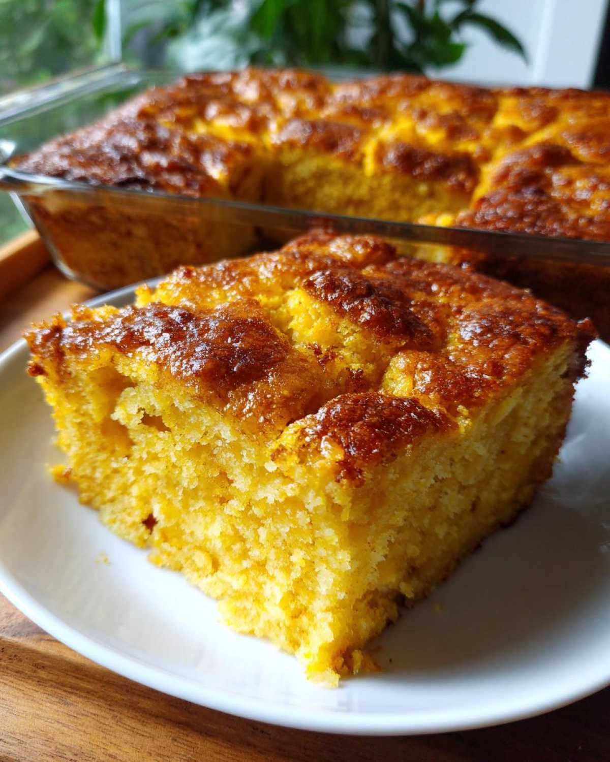 A slice of easy pumpkin dump cake on a white plate, with the rest of the cake in the background.