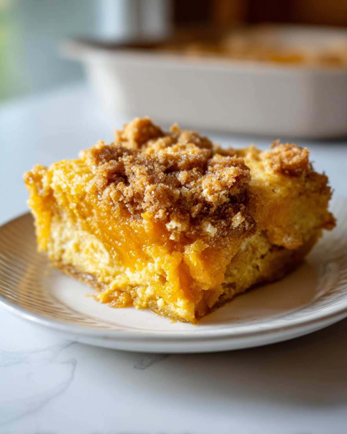 Close-up of a slice of pumpkin dump cake on a plate, showcasing the pumpkin filling and crumble topping.
