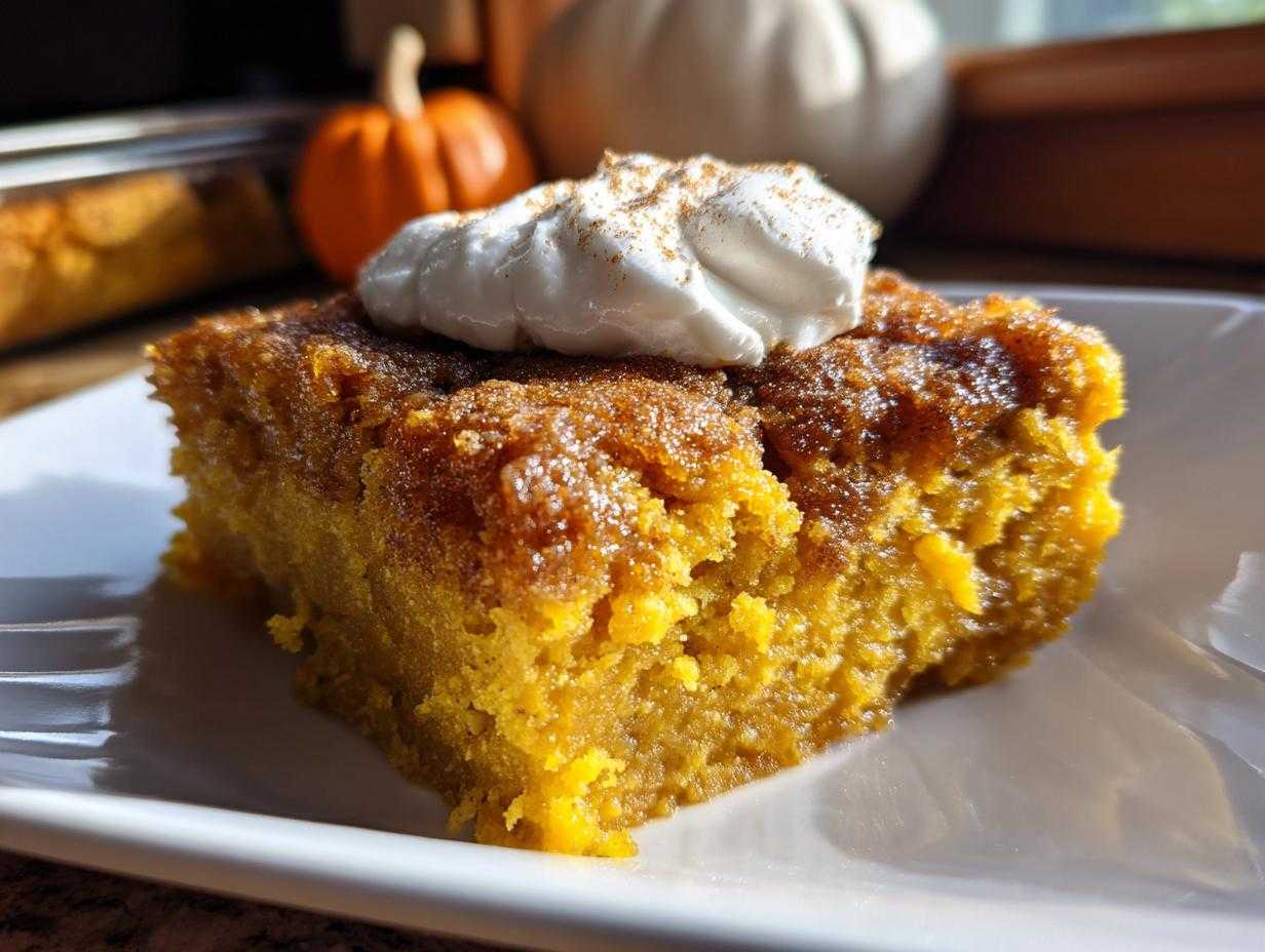 A slice of pumpkin dump cake topped with whipped cream, presented on a white plate with pumpkins in the background.