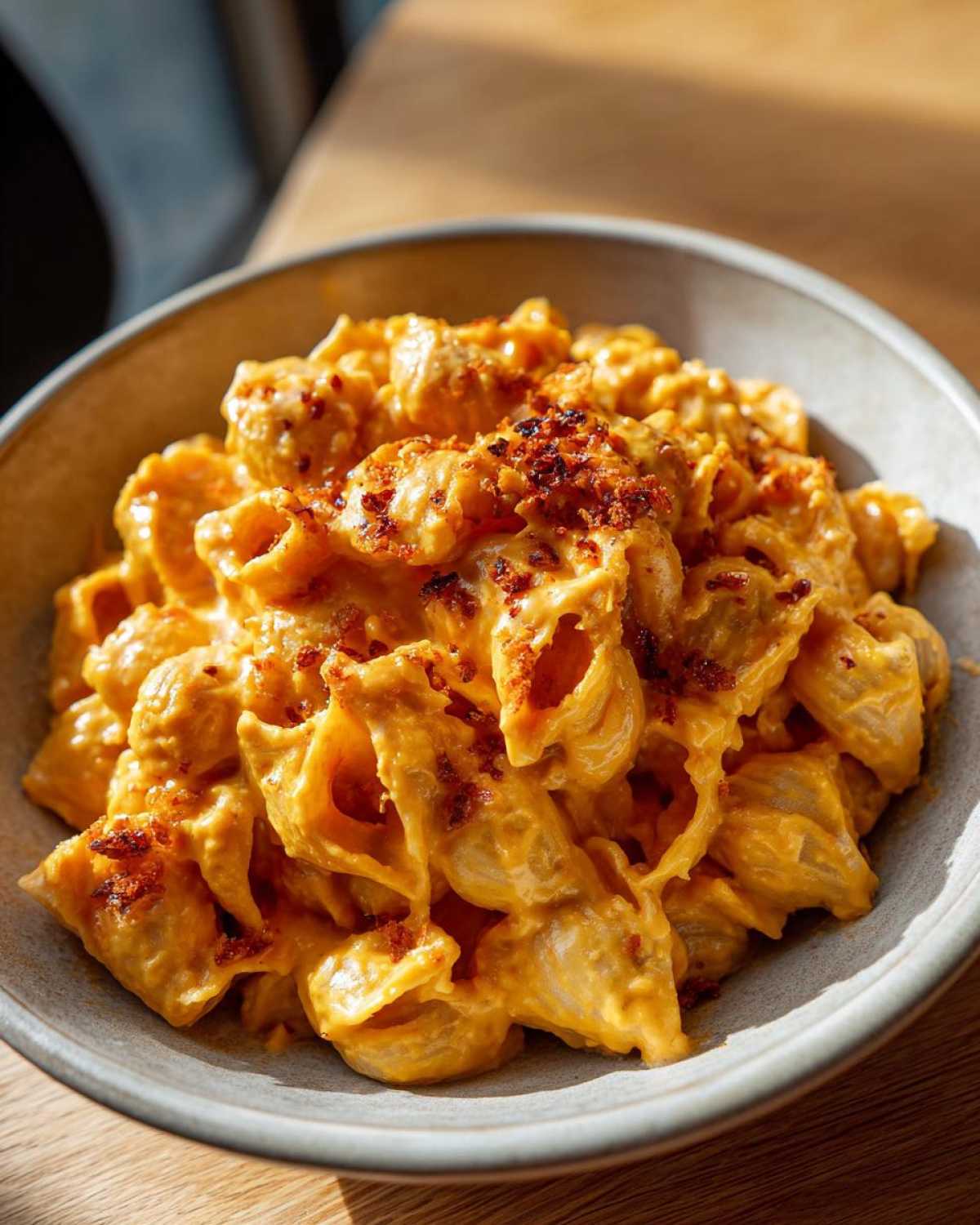 A bowl of delicious pumpkin mac and cheese, topped with crispy bits, ready to be enjoyed.