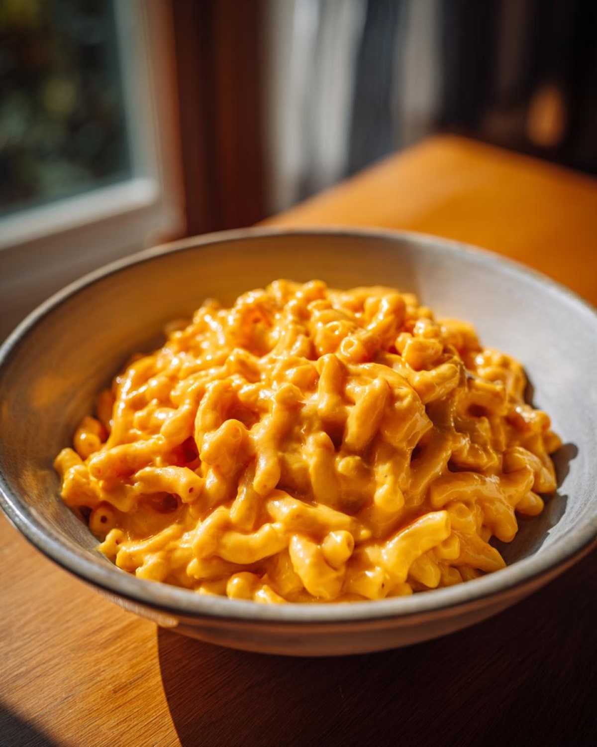 A bowl of delicious, creamy pumpkin mac and cheese sits on a wooden table, bathed in natural light.