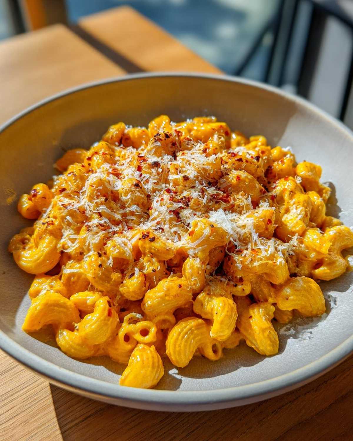 A bowl of creamy pumpkin mac and cheese, topped with parmesan and red pepper flakes.