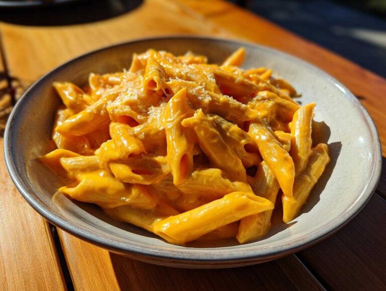 A bowl of creamy pumpkin mac and cheese, featuring penne pasta and a cheesy pumpkin sauce.