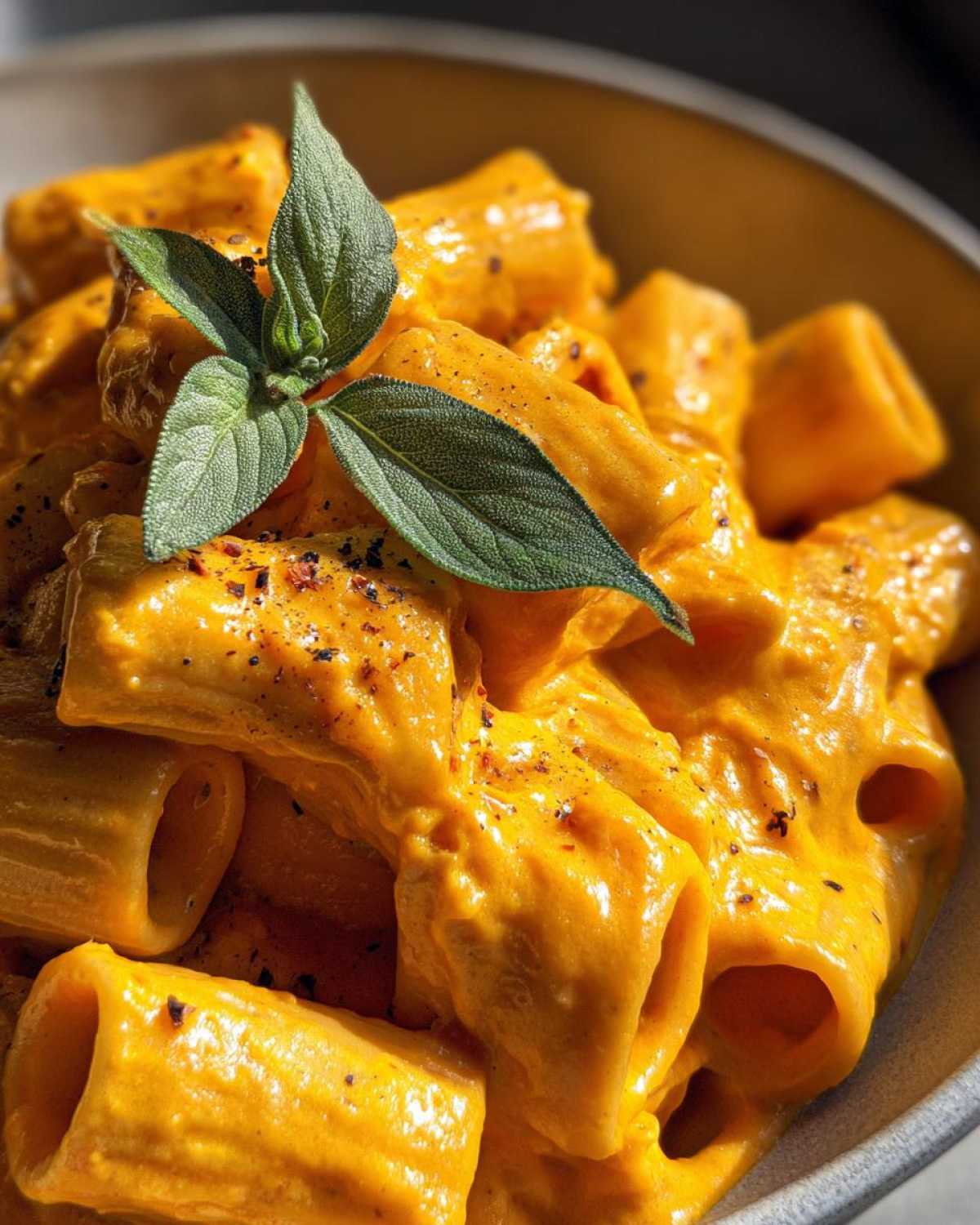 Close-up of rigatoni pasta coated in a rich pumpkin pasta sauce, garnished with fresh sage and pepper.