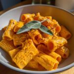 Bowl of rigatoni pasta coated in creamy pumpkin pasta sauce, garnished with sage and spices.