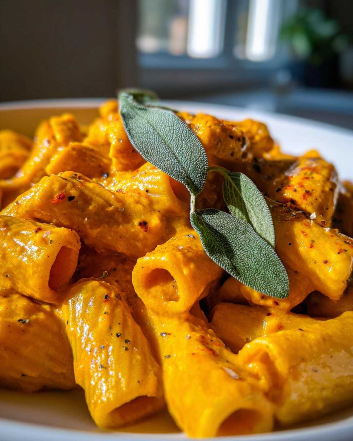 Close-up of rigatoni pasta coated in a creamy pumpkin pasta sauce, garnished with fresh sage.