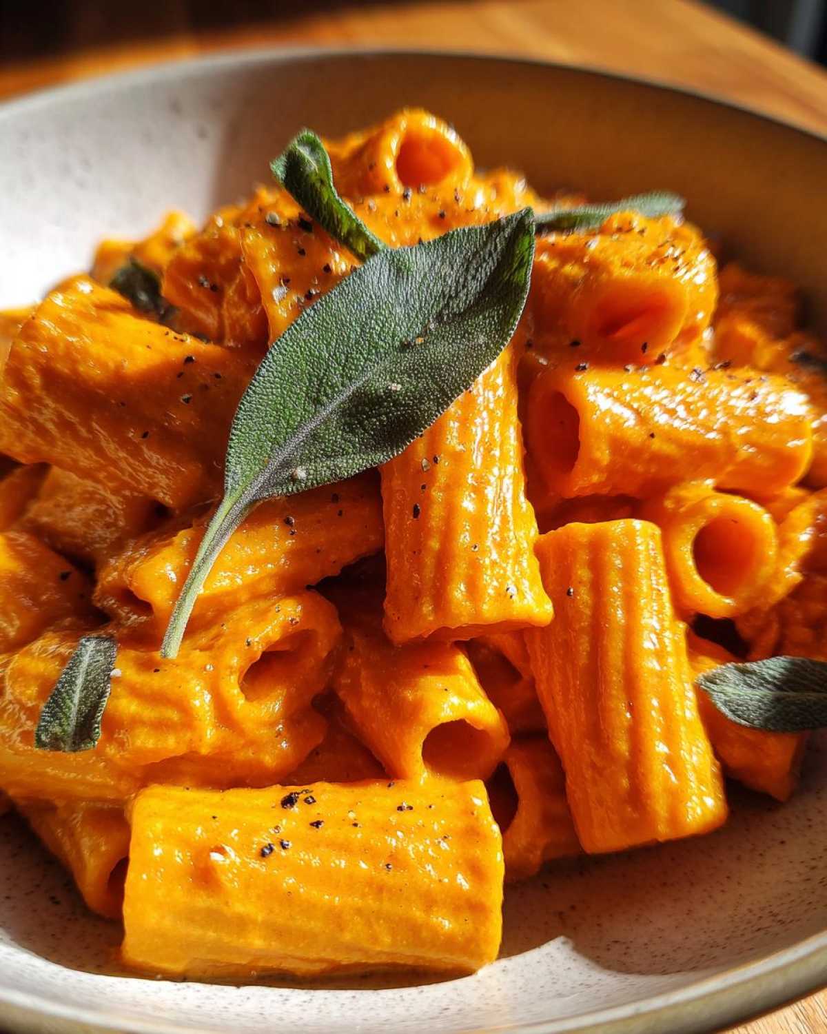Close-up of rigatoni pasta coated in a rich pumpkin pasta sauce, garnished with fresh sage leaves.