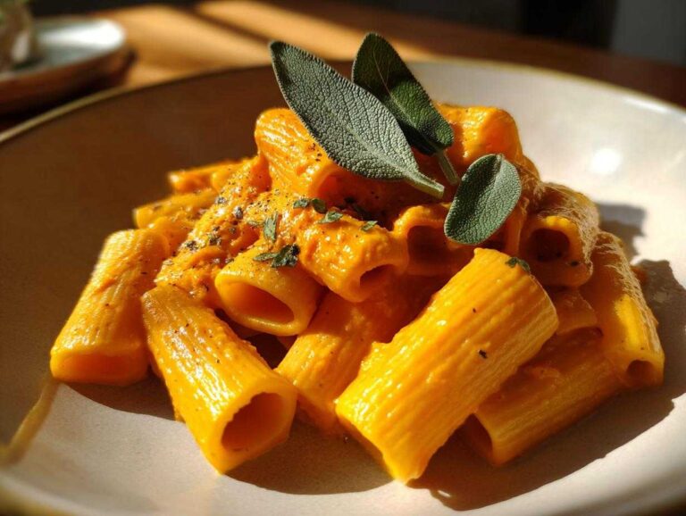 Rigatoni pasta coated in a creamy pumpkin pasta sauce, garnished with fresh sage leaves.