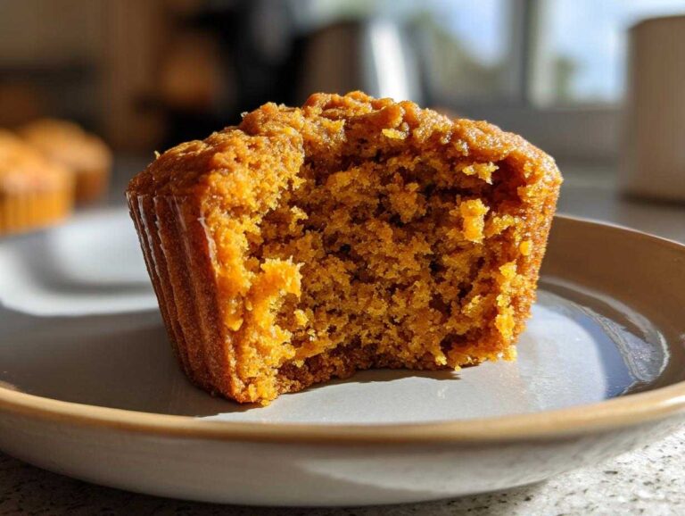 Close-up of a pumpkin protein muffin with a bite taken out, showing the moist texture.
