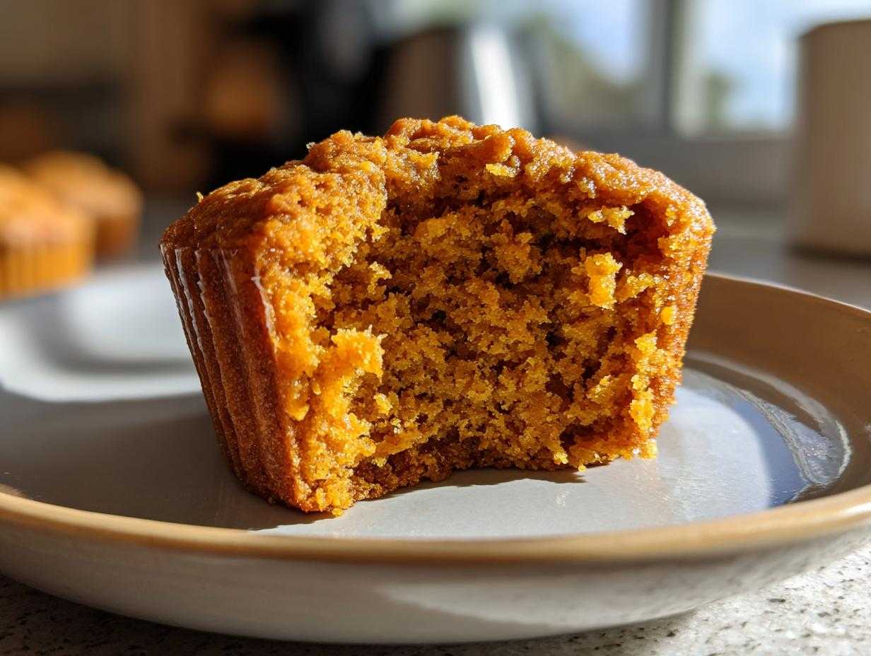 Close-up of a pumpkin protein muffin with a bite taken out, showing the moist texture.