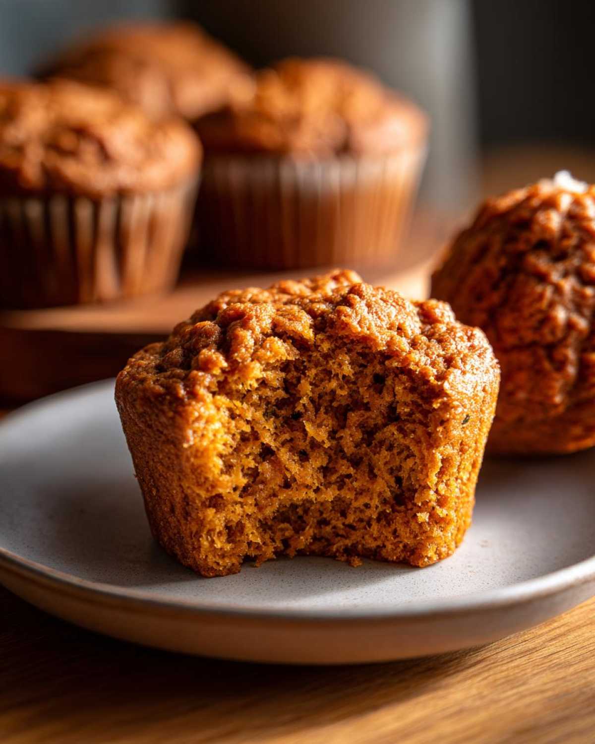 A close-up of a pumpkin protein muffin with a bite taken out, sitting on a plate with other muffins in the background.
