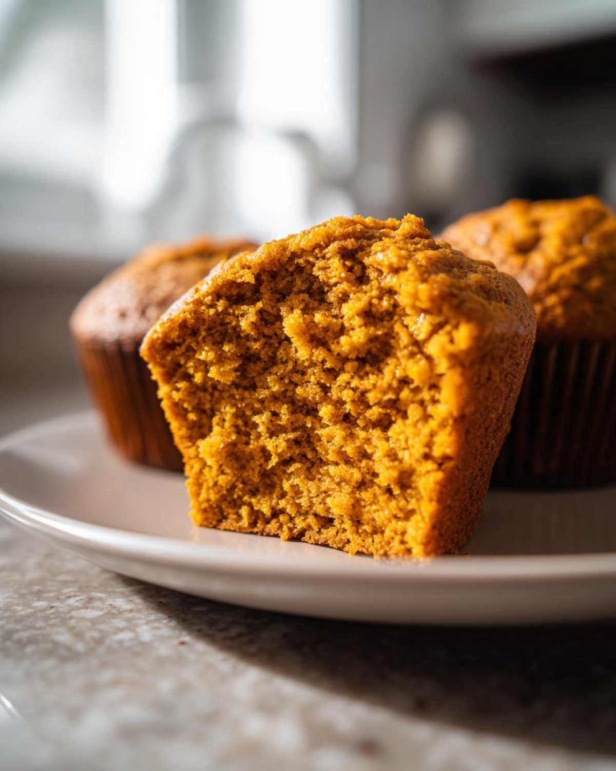 Close-up of a pumpkin protein muffin, cut open to show the moist texture, with other muffins in the background.