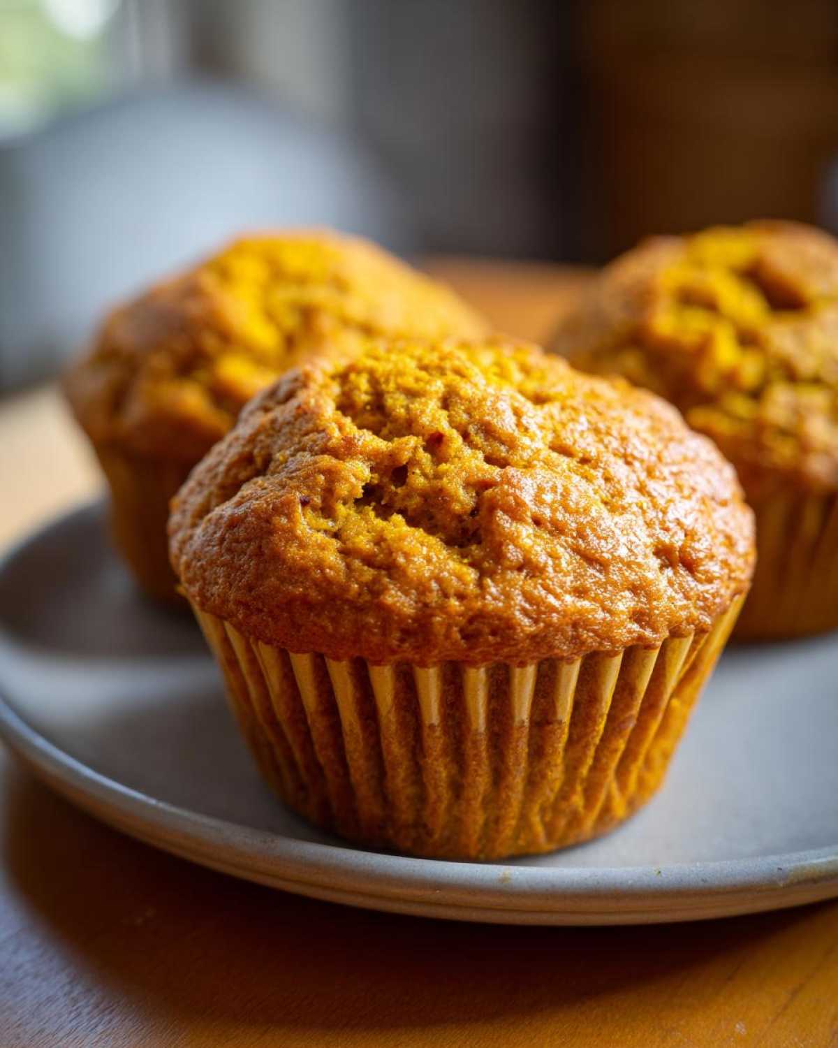 Three freshly baked pumpkin protein muffins arranged on a gray plate, showcasing their golden-brown color and texture.