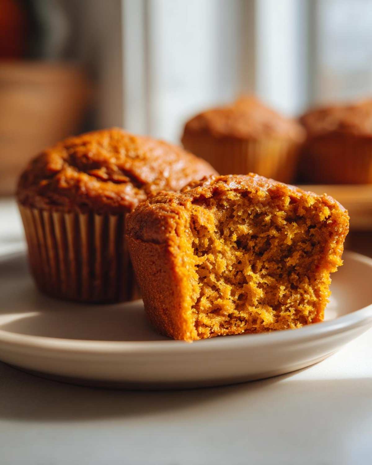 Close-up of pumpkin protein muffins, one with a bite taken out, showing moist texture.