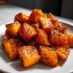 Close-up of roasted butternut squash cubes seasoned with herbs, served on a white plate.