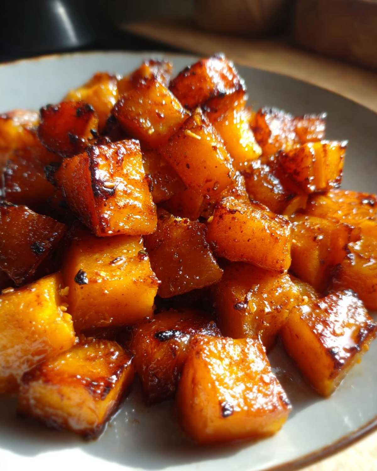 Close-up of glistening roasted butternut squash cubes on a plate, showing caramelized edges.