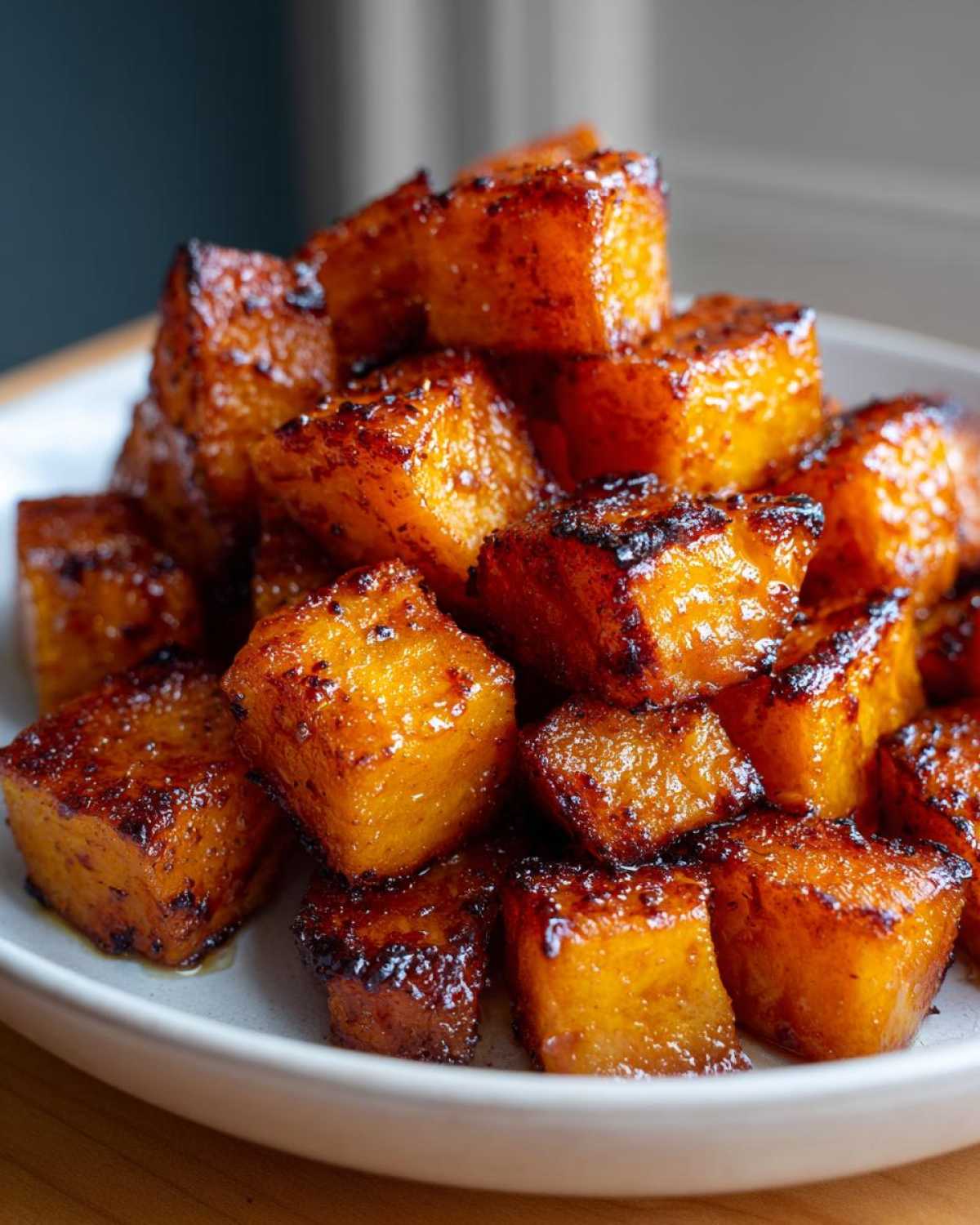 A close-up shows a pile of glazed roasted butternut squash cubes on a white plate.