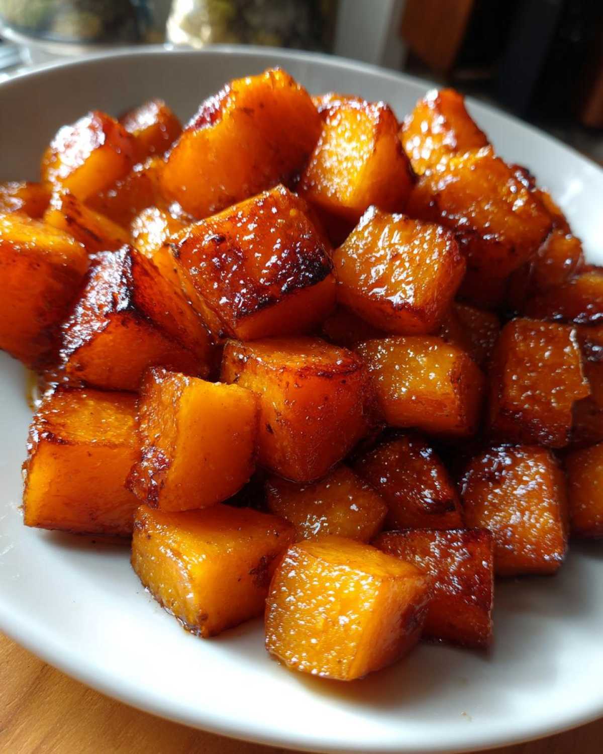 Close-up of glistening, caramelized cubes of roasted butternut squash in a white bowl.