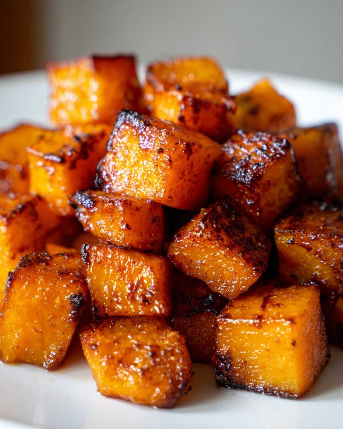 Close-up of glistening roasted butternut squash cubes on a white plate, showcasing their caramelized texture.