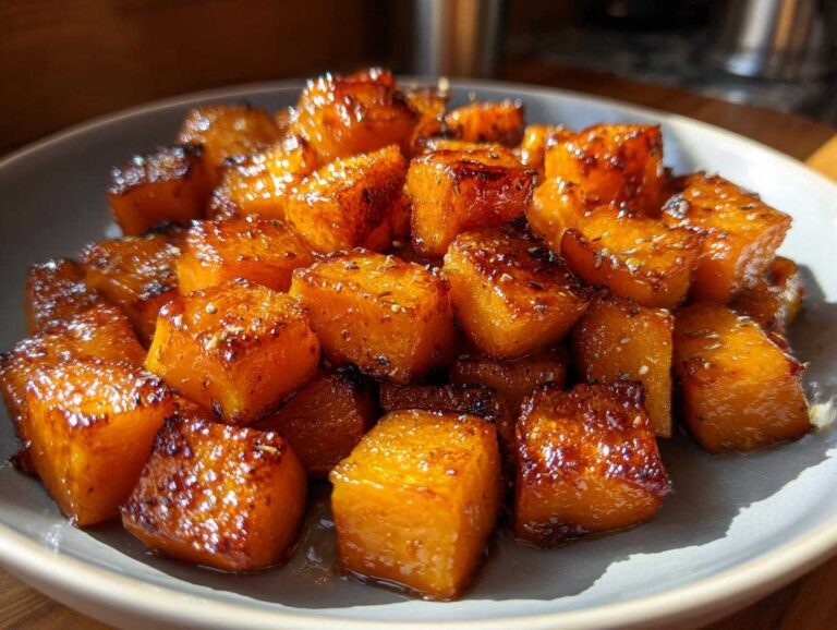 Close-up of glistening roasted butternut squash cubes on a plate, seasoned and ready to eat.