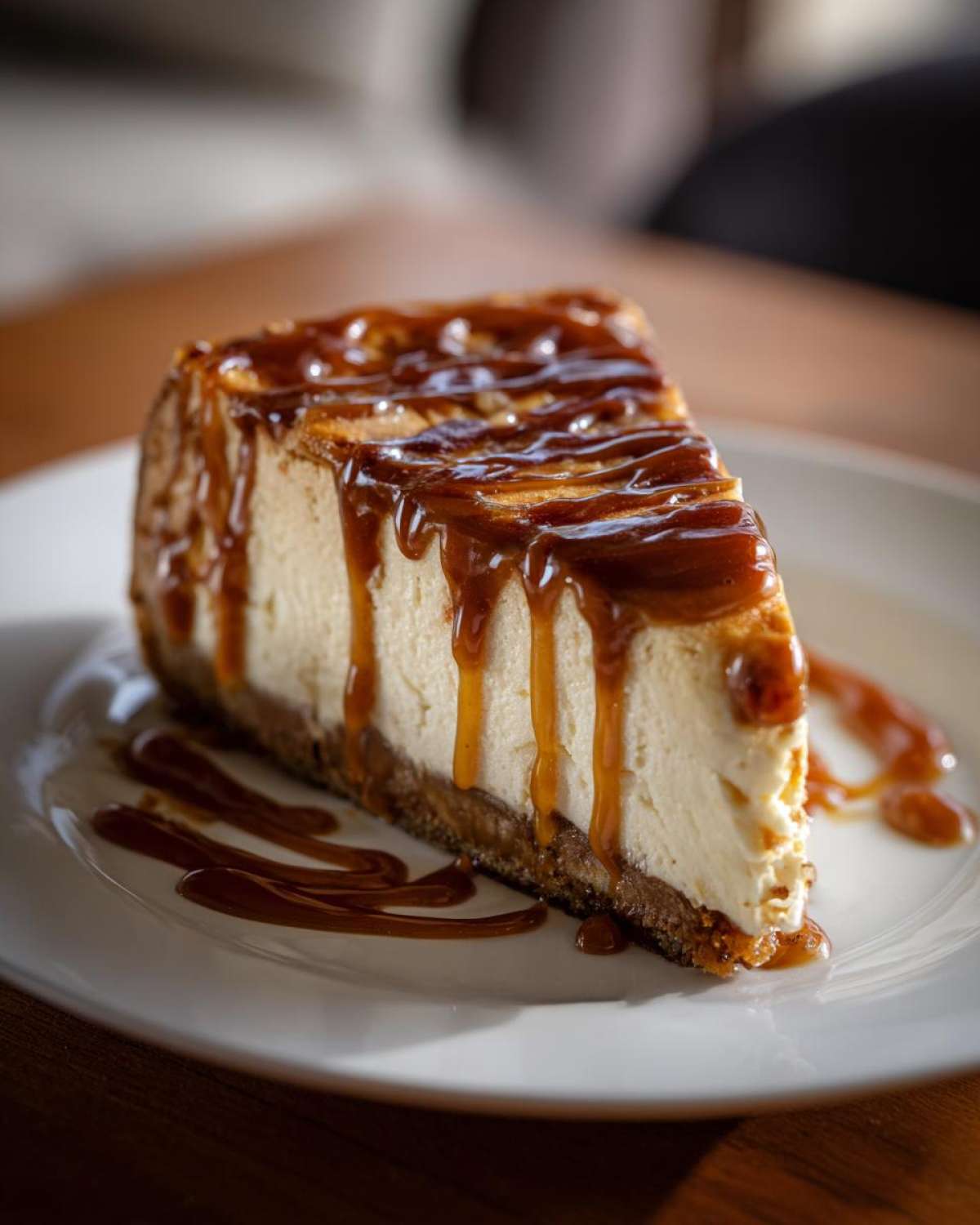 A decadent slice of salted caramel cheesecake with a graham cracker crust and caramel drizzle.