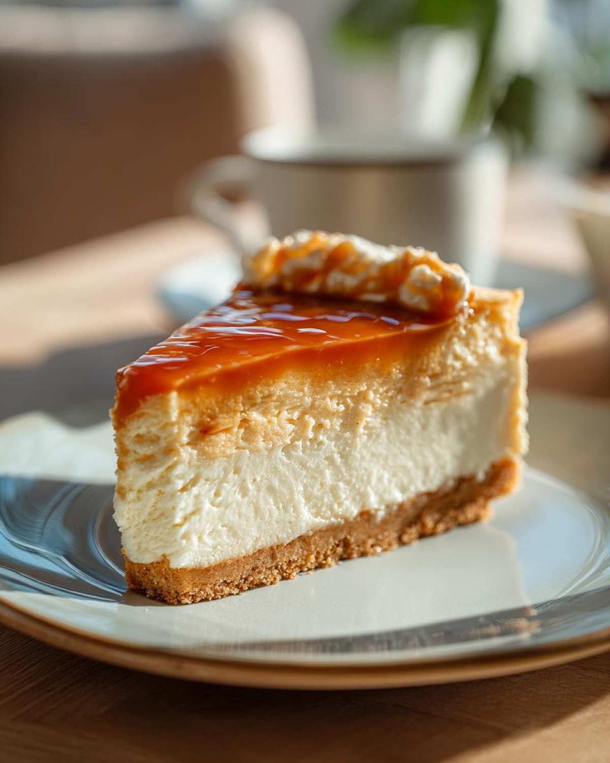 A delicious slice of salted caramel cheesecake with a graham cracker crust and caramel topping.