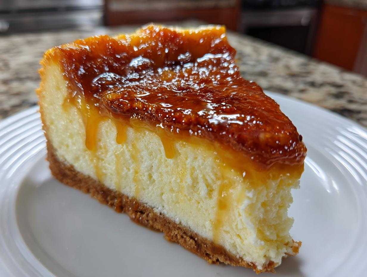 A delicious slice of salted caramel cheesecake with a graham cracker crust and caramel drizzle.