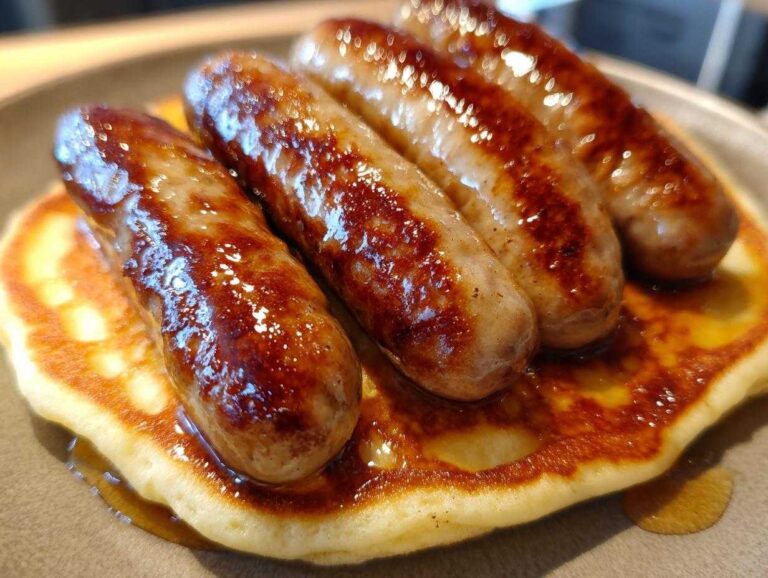 Close-up of sausage dipped pancakes, featuring four sausages atop a pancake with syrup.
