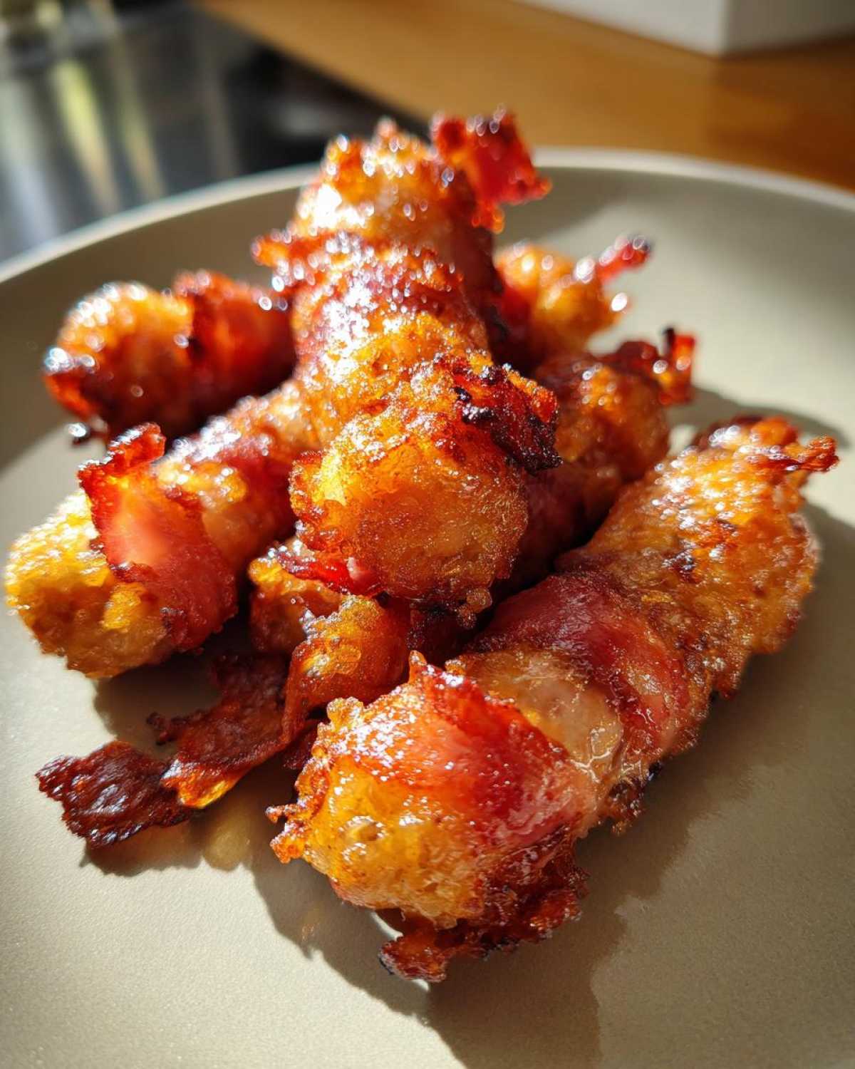 Close-up of golden brown Sausage Dipped Pancakes, wrapped in sausage, served on a plate.
