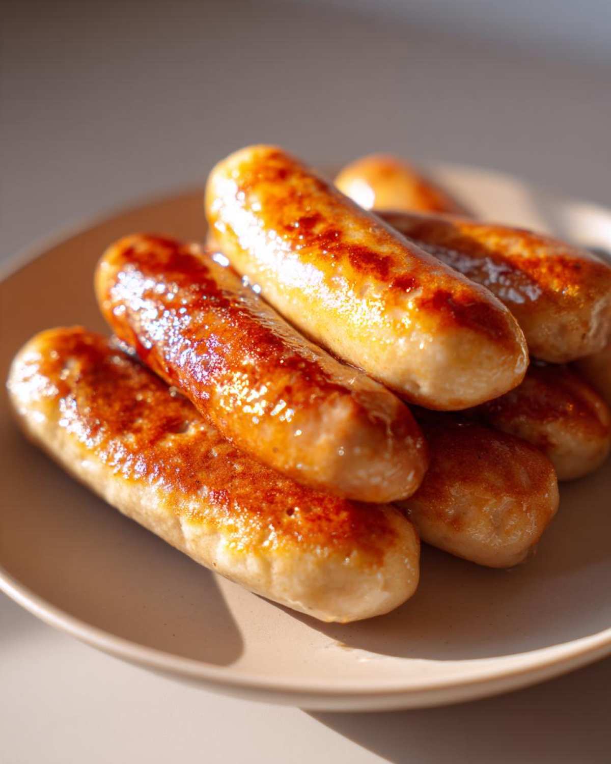 A stack of golden-brown sausages, ready for Sausage Dipped Pancakes. Close-up shot on a neutral plate.