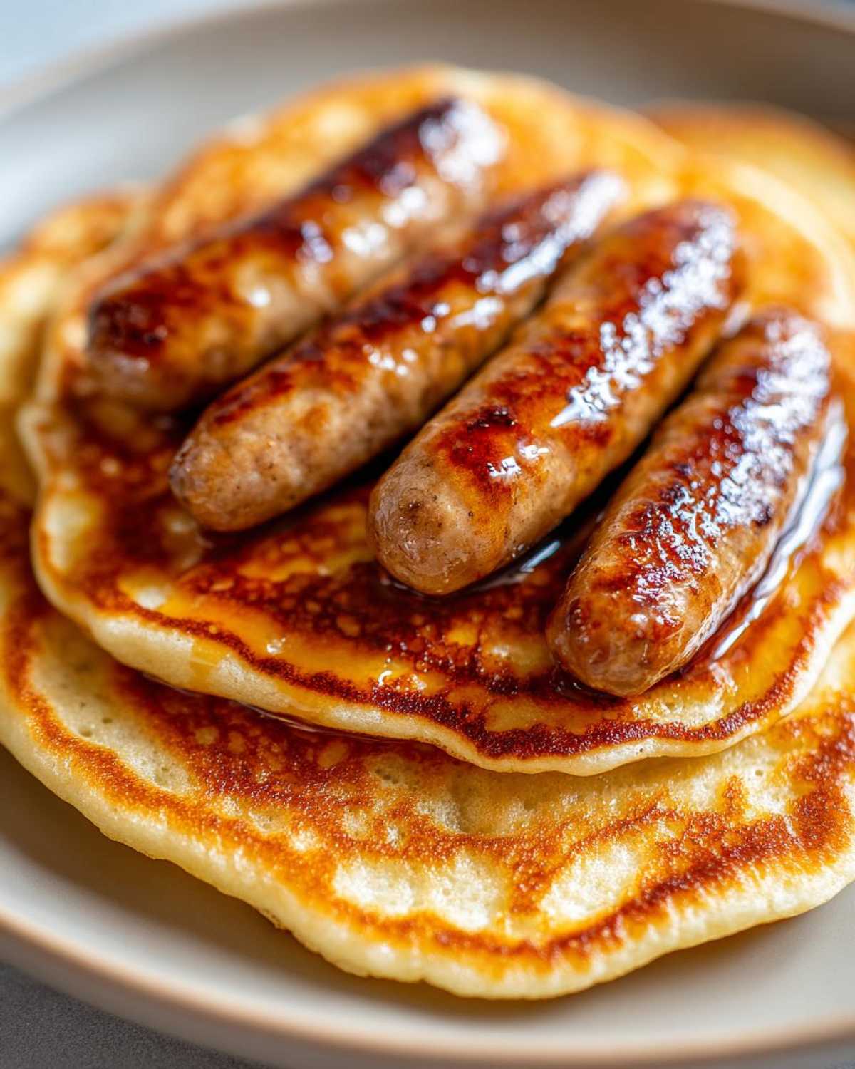 A stack of pancakes topped with sausage and syrup, showcasing Sausage Dipped Pancakes.