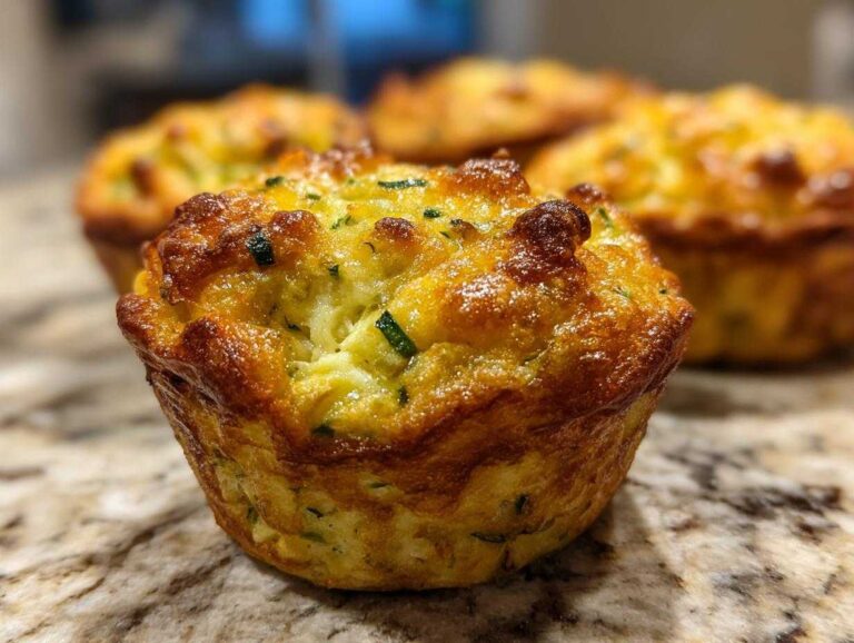 Close-up of a golden brown savory zucchini muffin with visible zucchini pieces.