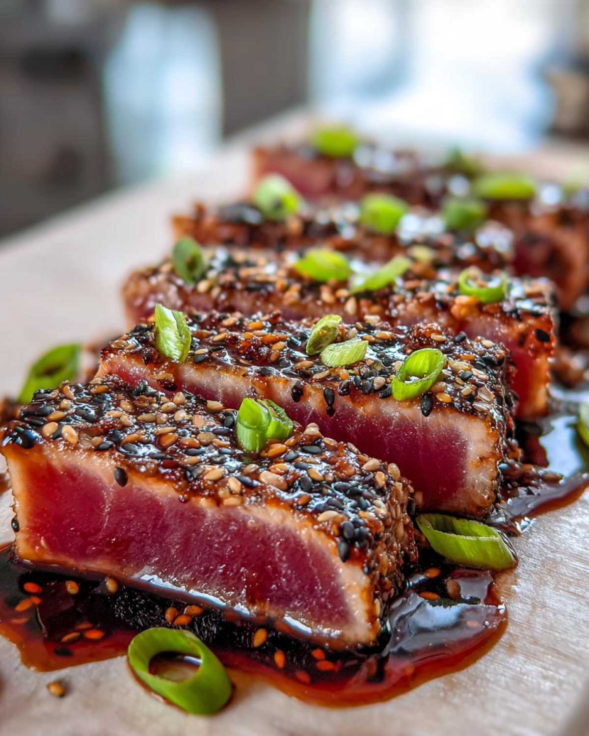 Close-up of perfectly seared Ahi Tuna slices coated in sesame seeds and garnished with green onions.