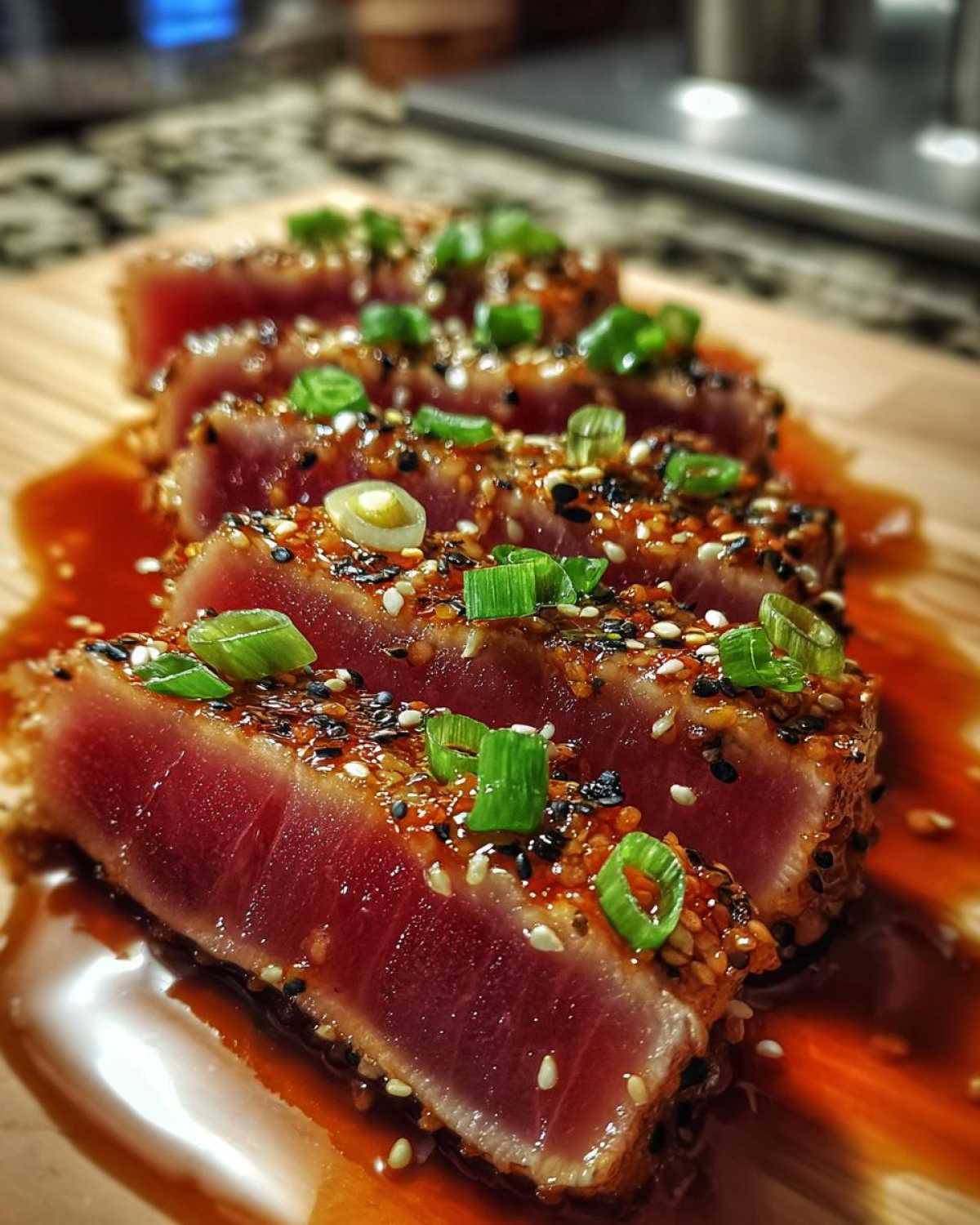 Close-up of sliced Seared Ahi Tuna with sesame seeds and green onions on a wooden board.