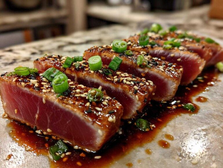 Close-up of sliced seared Ahi Tuna topped with sesame seeds and green onions, served with a savory sauce.