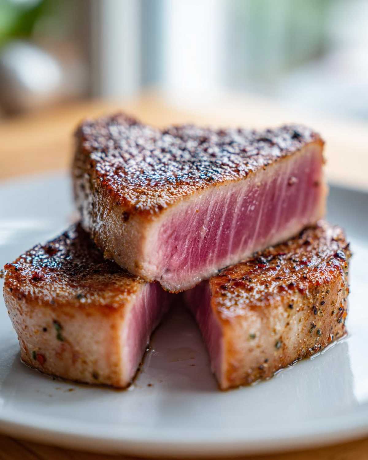 Close-up of seared Tuna Steaks stacked on a white plate, showing a rare, pink center.