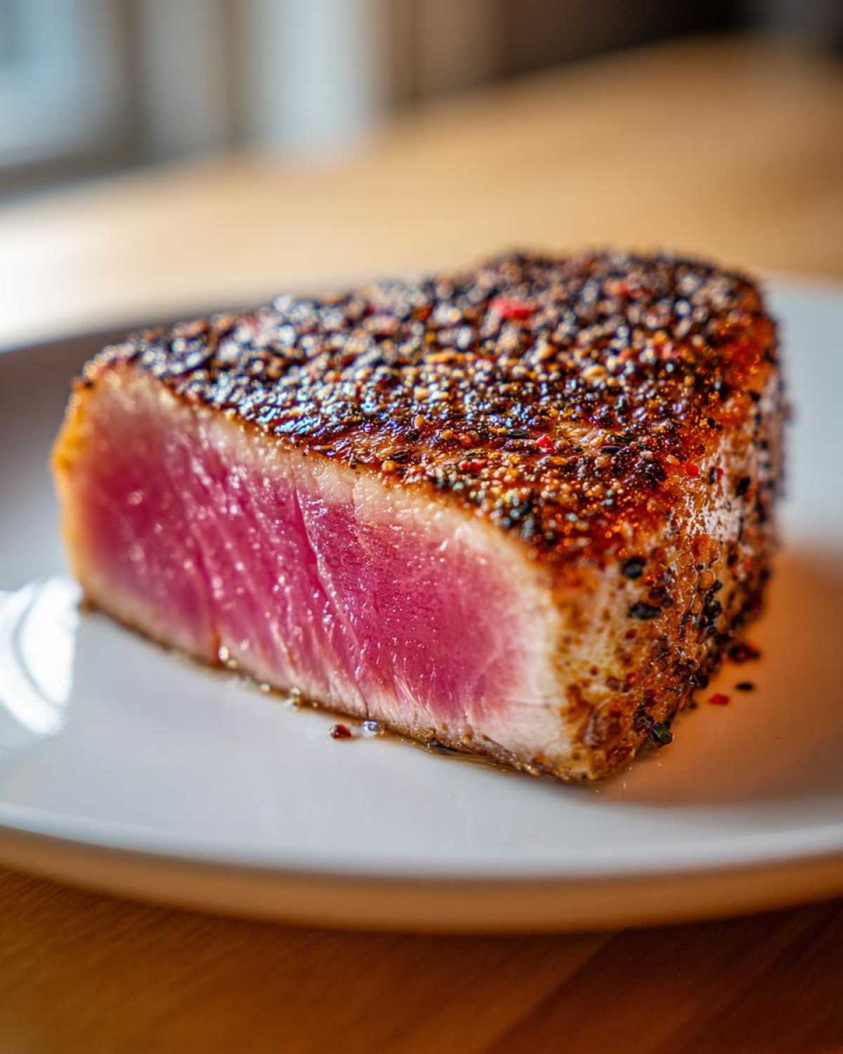 Close-up of seared Tuna Steaks, showing a rare center and seasoned crust on a white plate.