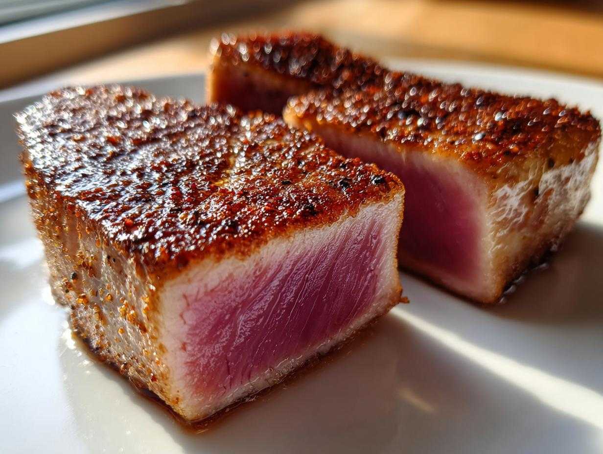 Close-up of two seared Tuna Steaks, showing a crispy crust and rare, pink center.
