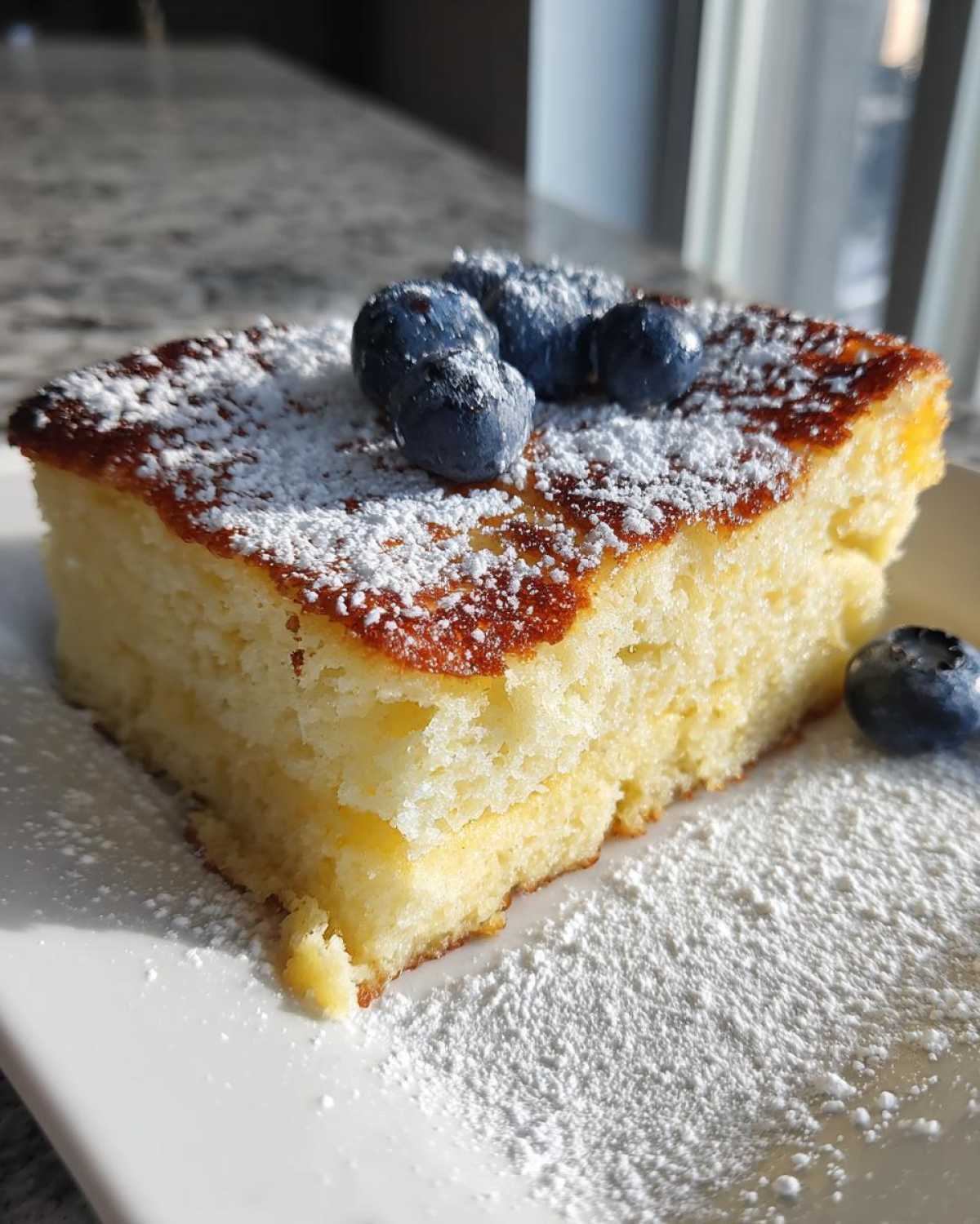 A slice of sheet pan pancakes topped with powdered sugar and fresh blueberries on a white plate.