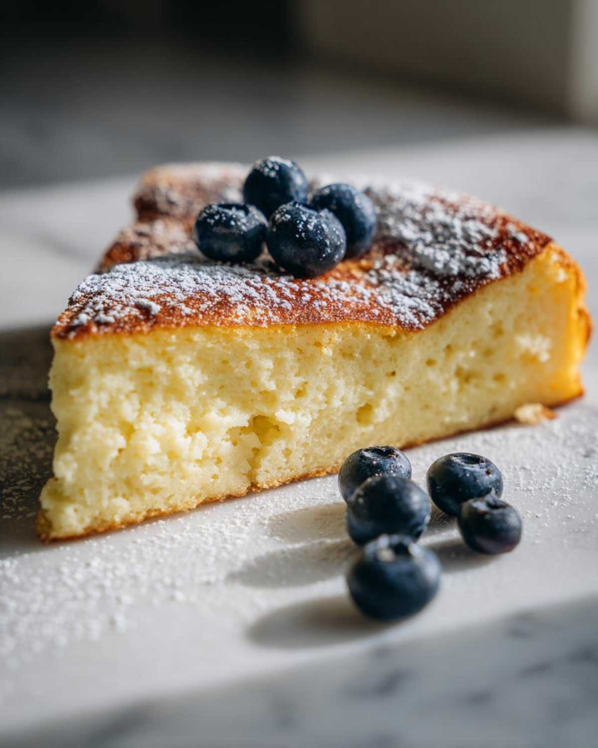 A slice of sheet pan pancakes topped with powdered sugar and fresh blueberries.