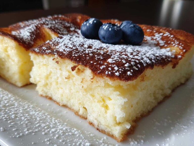 Close-up of a slice of sheet pan pancakes topped with powdered sugar and fresh blueberries.