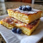 Two stacked pieces of sheet pan pancakes dusted with powdered sugar and topped with fresh blueberries.