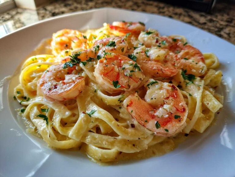 A plate of creamy Shrimp Alfredo pasta, topped with fresh parsley, ready to be served.
