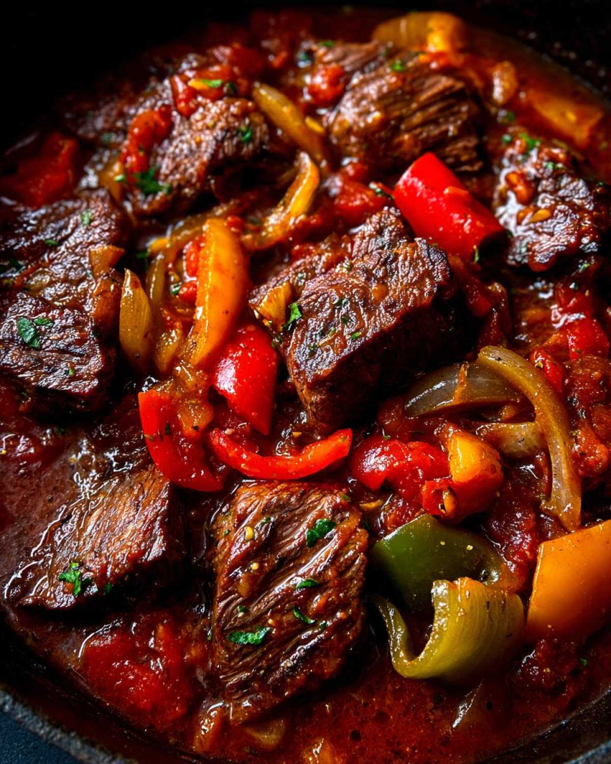 Close-up of flavorful smothered Swiss steak with onions and colorful bell peppers in a rich tomato-based sauce.