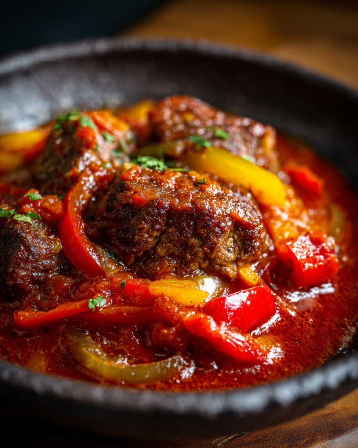Close-up of smothered Swiss steak in a rich tomato sauce with red and yellow bell peppers.